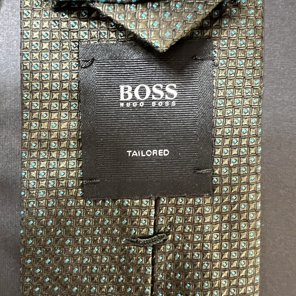 Hugo Boss Silk Necktie‎ Geometric Print Green Business Preppy Wedding